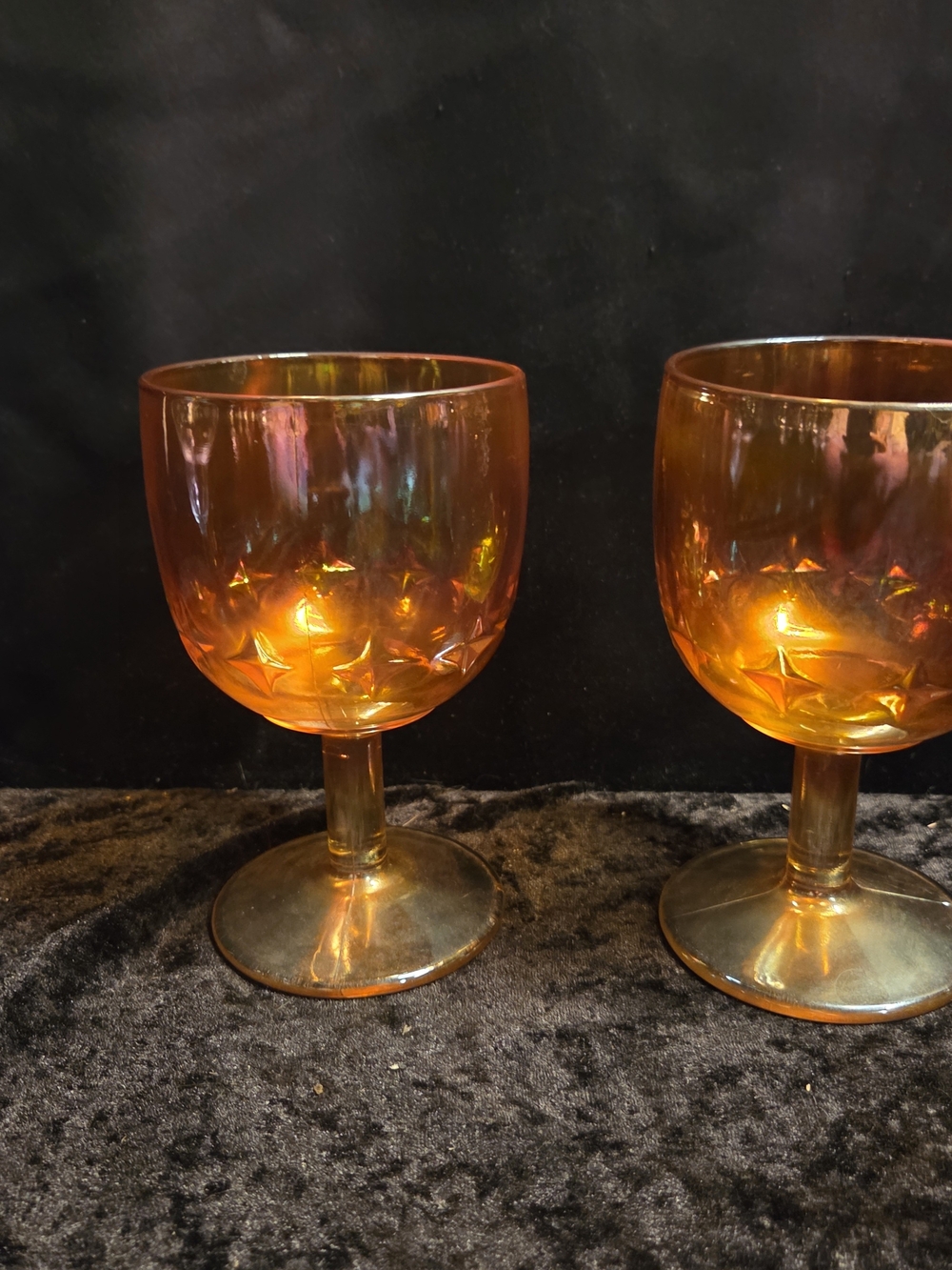 PairVTG Marigold Iridescent Indiana Glass Co Footed Goblet With 4-Pointed Stars